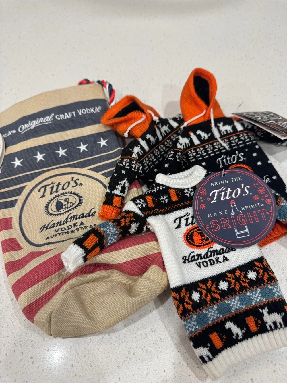 Tito’s vodka bag and sweaters - White & Orange
